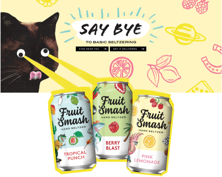 cat with googly lazer eyes looking at seltzer cans
